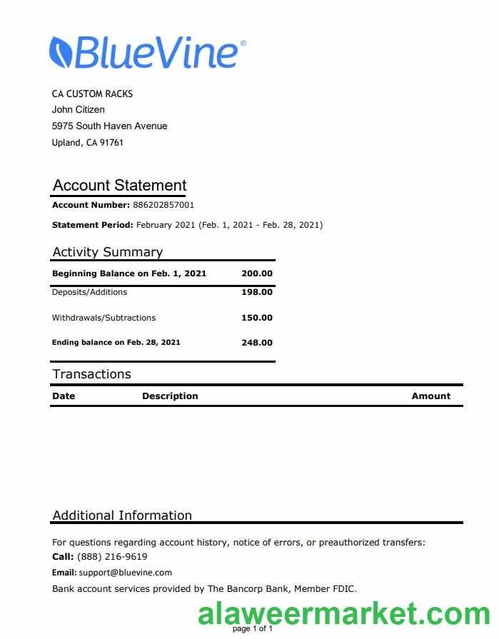 USA California BlueVine bank statement easy to fill template in .xls and .pdf file format